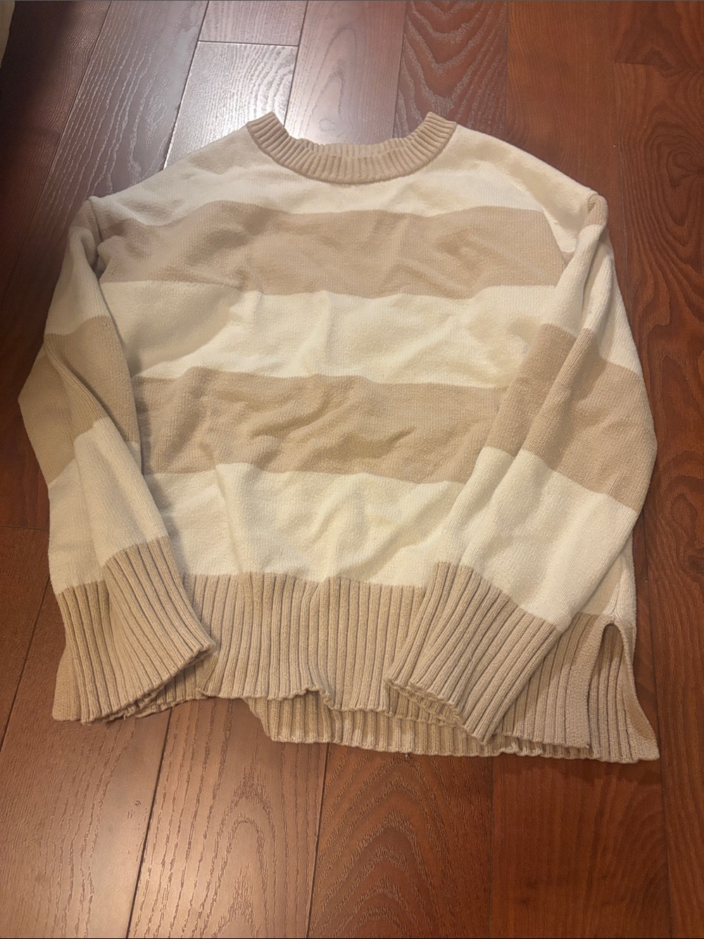 Cream and Tan Striped Crewneck Sweater